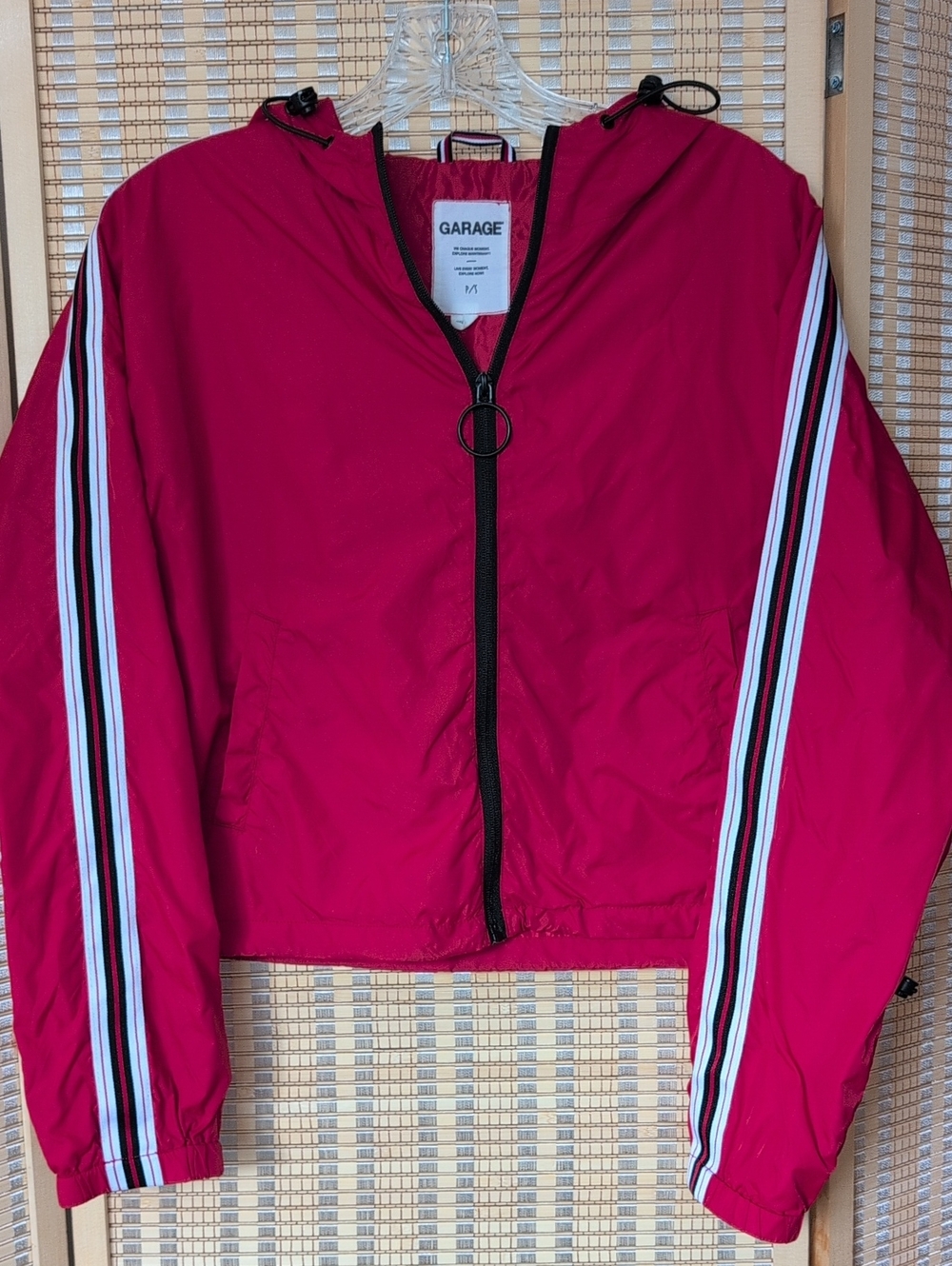 Garage Red PHooded Windbreaker with Stripe Sleeve Detail